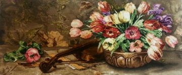 تابلو فرش ایرانی،  تابلو فرش دستبافت تبریزگل و ویولن Iranian Hand Woven Pictorial Carpet, Persian Tableau Rug of Flower & Violin