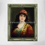 Persian Hand Woven Tableau Rug of Ottoman Girl is a portrait of a young and beautiful lady staring at a corner with her green penetrating eyes. She is wearing a traditional Ottoman-era hat and costume.